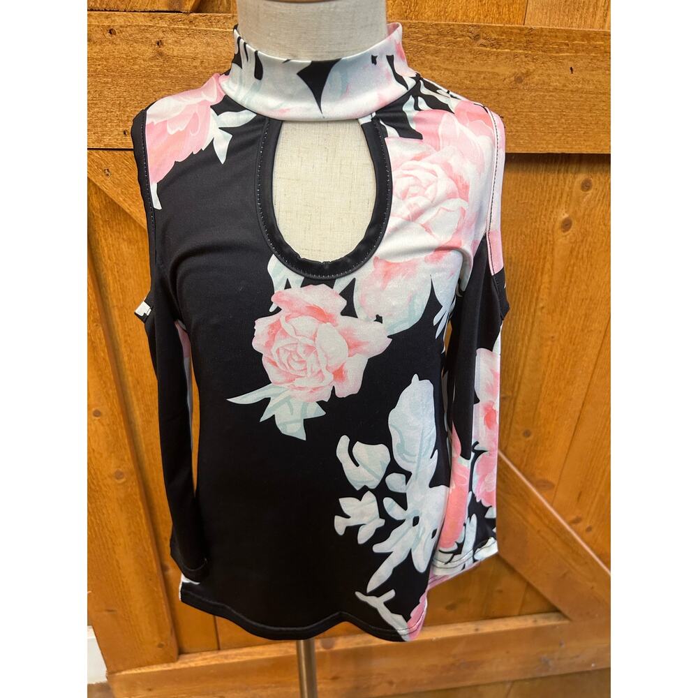Girl's Size 5 Mock Neck Cold Shoulder Top Black Floral Worn Once Long Sleeve